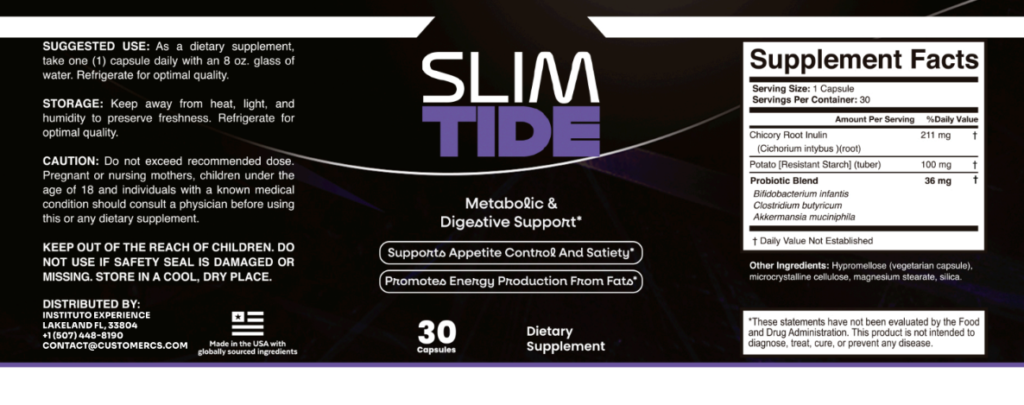 SlimTide bottle next to its supplement facts label, showing the full ingredient breakdown