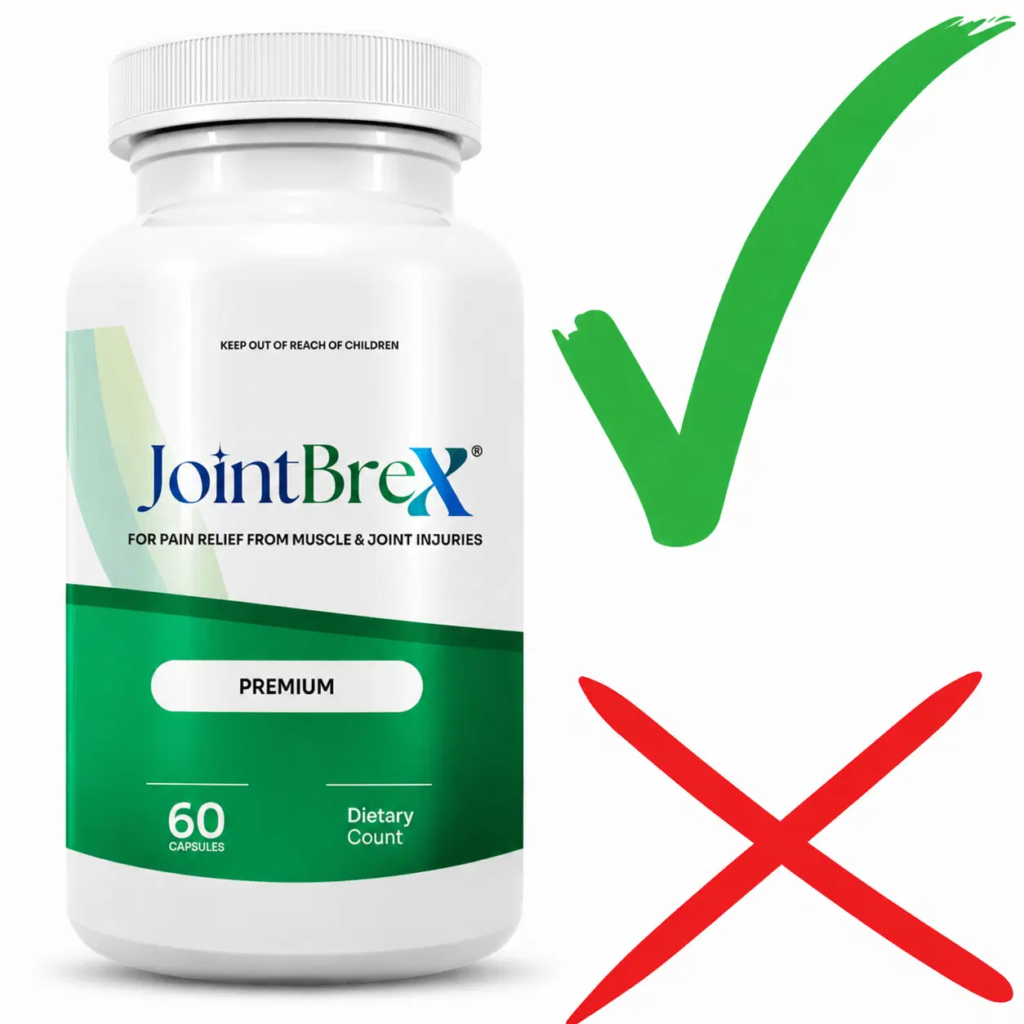 Bottle of JointBreX joint support supplement with checkmark and X icons representing the pros and cons review section