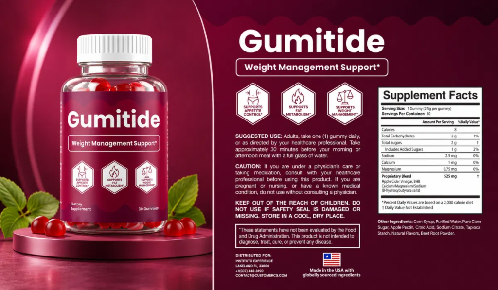 Gumitide bottle next to its supplement facts label, showing the full ingredient breakdown