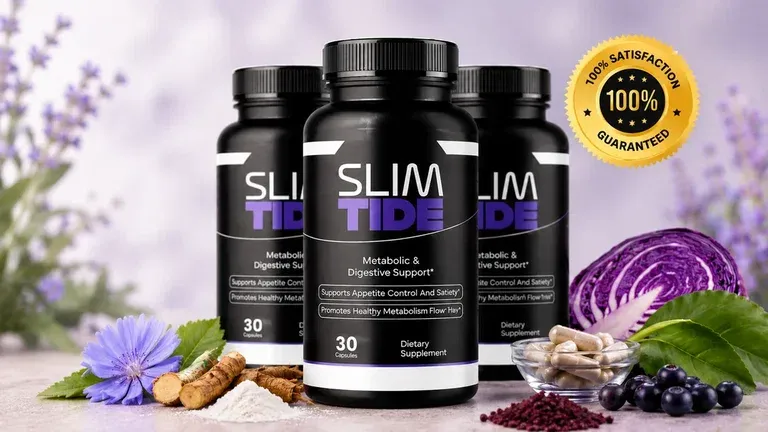 Bottles of SlimTide synbiotic capsules displayed together