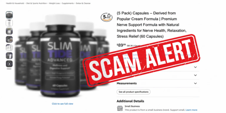 Scam warning graphic alerting shoppers to avoid fake SlimTide listings on third-party sites like Amazon